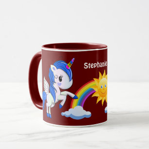 Cute Blue Unicorn Rainbow Sun Maroon Personalised Mug