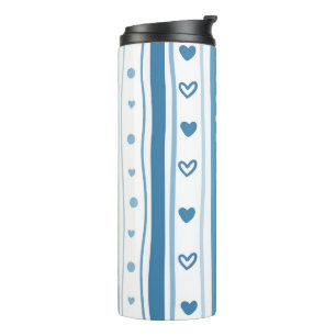 Cute Blue Vertical Stripes and Hearts Graphic Art Thermal Tumbler