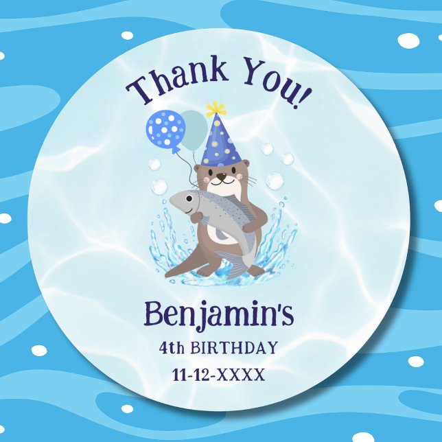 Cute Blue Water Boy Otter Birthday Party Thank You Classic Round Sticker (Creator Uploaded)