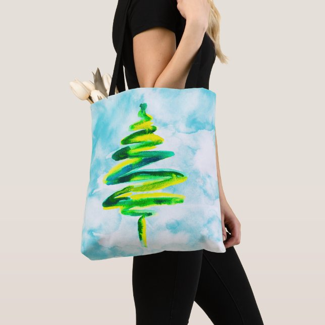 Cute blue watercolor Christmas trees Tote Bag (Close Up)