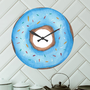 Cute Blue Watercolor Doughnut Large Clock