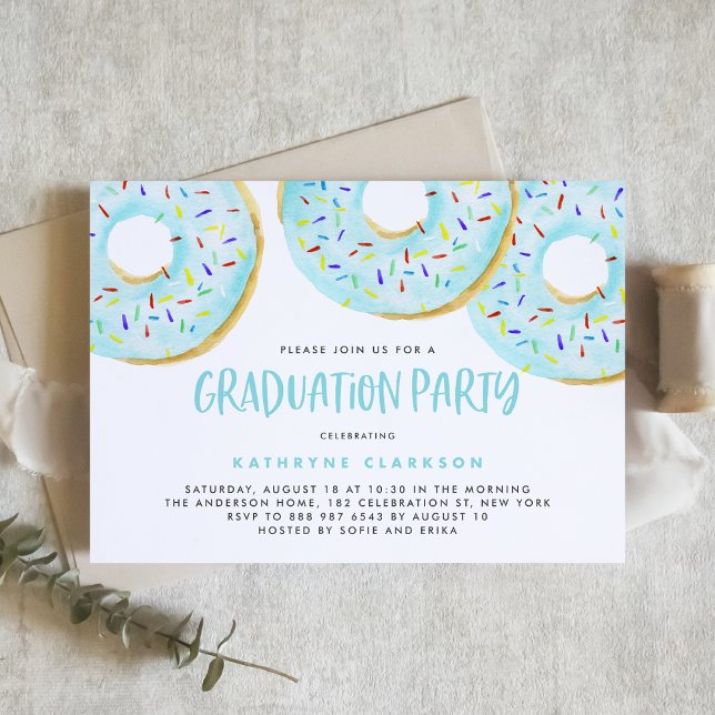 Cute Blue Watercolor Doughnuts Graduation Party Invitation (Creator Uploaded)