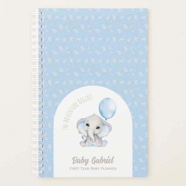 Cute Blue Watercolor Elephant With Balloon Baby Planner (Front)