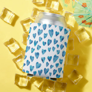 Cute Blue Watercolor Love Heart Pattern Can Cooler