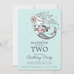 Cute Blue Watercolor Mermaid 2nd Birthday Invitation