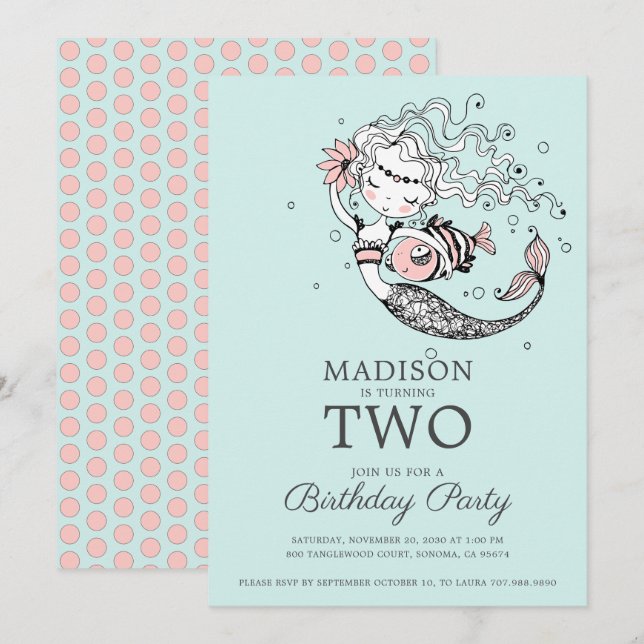 Cute Blue Watercolor Mermaid 2nd Birthday Invitation (Front/Back)