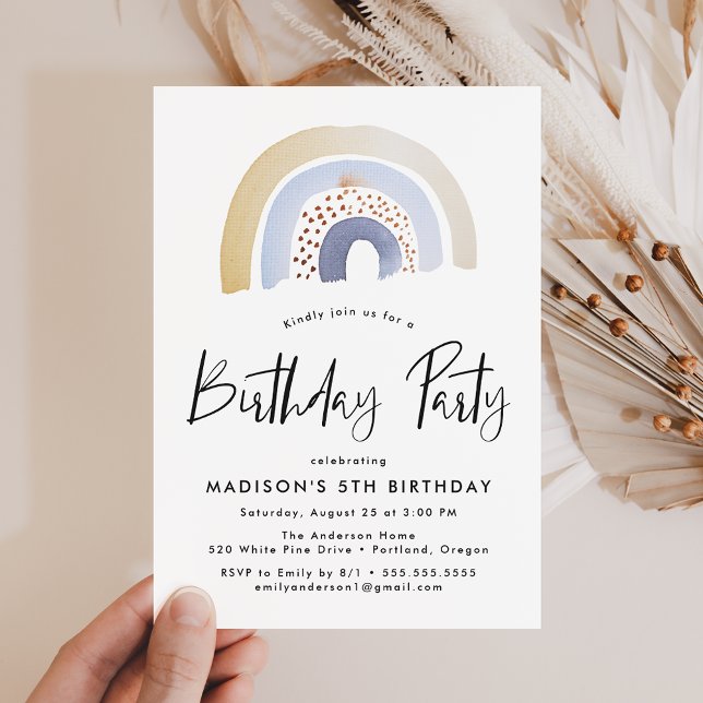 Cute Blue Watercolor Rainbow Birthday Party Invitation (Creator Uploaded)