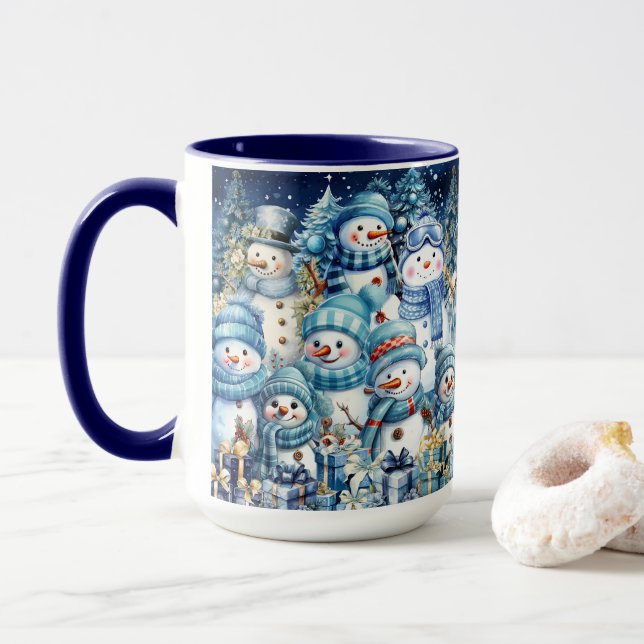 Cute Blue Watercolor Snowman Family Mug (With Donut)