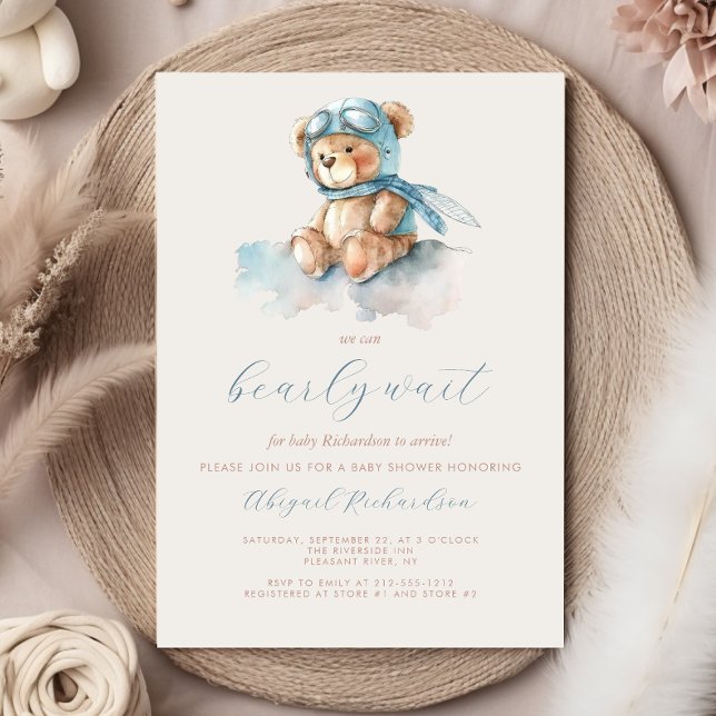 Cute Blue Watercolor Teddy Bear Boy Baby Shower Invitation (Creator Uploaded)