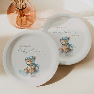 Cute Blue Watercolor Teddy Bear Boy Baby Shower Paper Plate