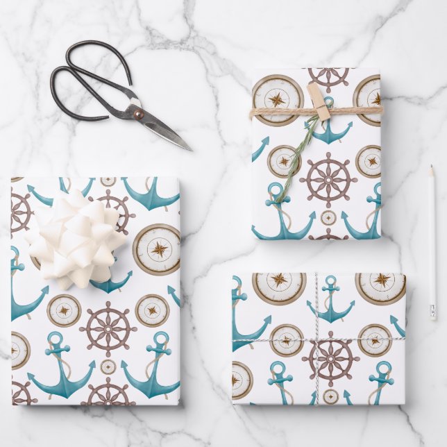 Cute Blue Watercolour Nautical Sailor Pattern Wrapping Paper Sheet (Front)
