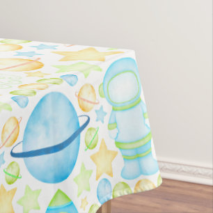 Cute Blue Watercolour Space Astronauts Birthday Tablecloth