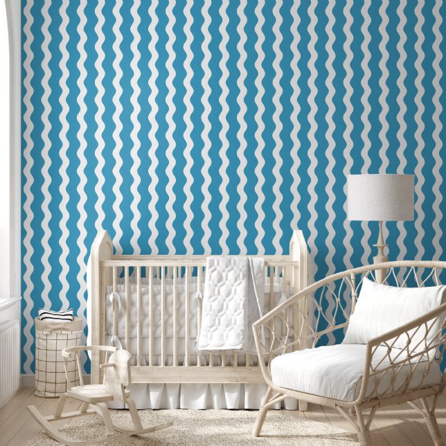 Cute Blue Wavy Ric Rac Vertical Striped Pattern Wallpaper (Kids)
