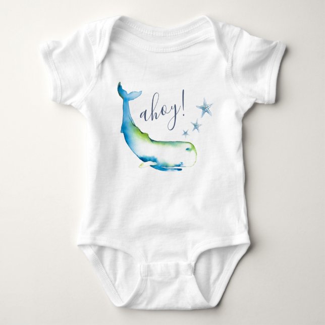 Cute Blue Whale Beach Boy Baby Baby Bodysuit (Front)