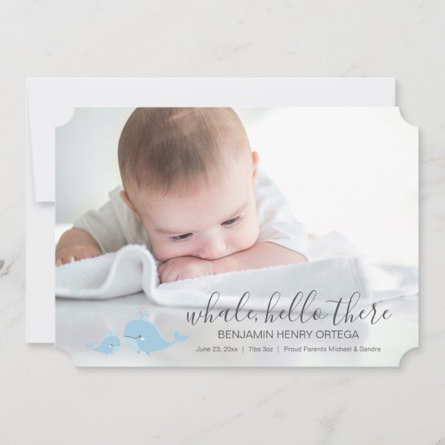 Cute Blue Whale Hello There Baby Announcement (Front)