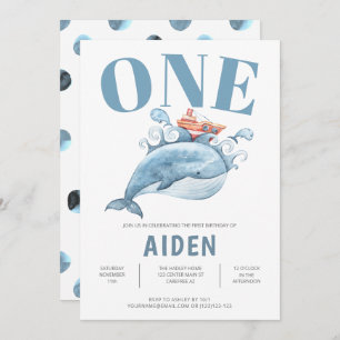 Cute Blue Whale Kids Birthday Party Invitation