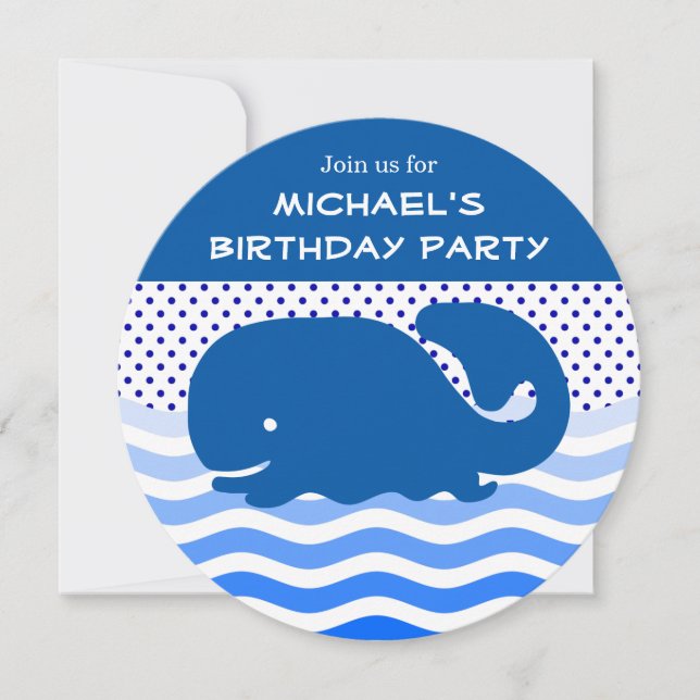 Cute Blue Whale Ocean Wave Polka Dot Boy Birthday Invitation (Front)