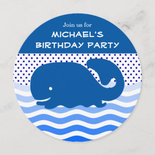 Cute Blue Whale Ocean Wave Polka Dot Boy Birthday Invitation