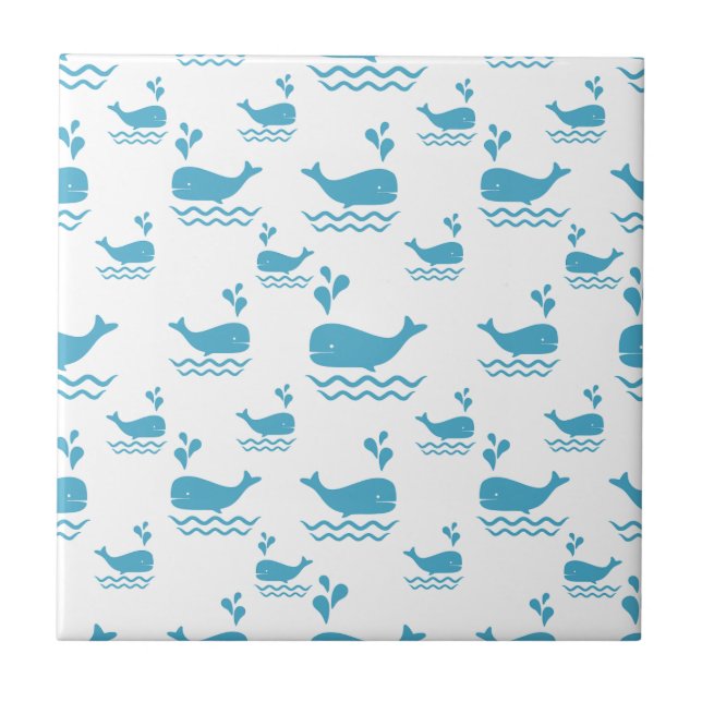 Cute Blue Whale Seamless Ocean Pattern (1) Ceramic Tile (Front)