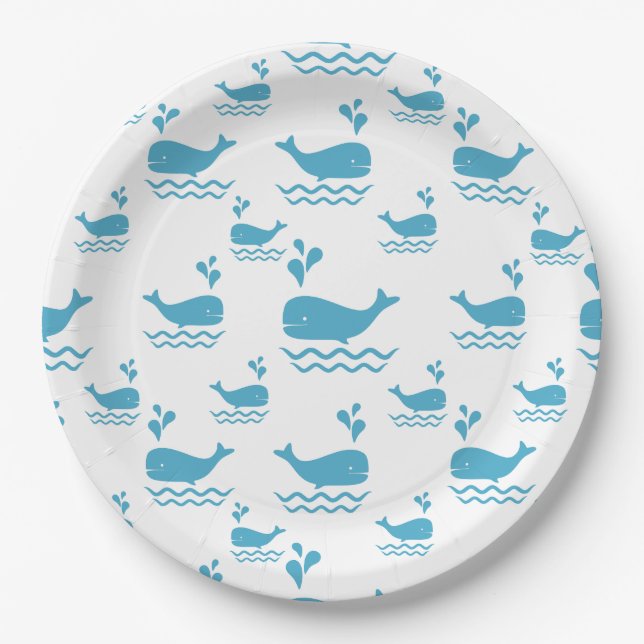 Cute Blue Whale Seamless Ocean Pattern (1) Paper Plate (Front)