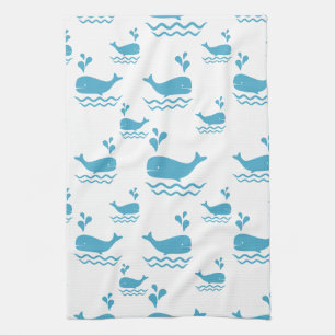 Cute Blue Whale Seamless Ocean Pattern (1) Tea Towel
