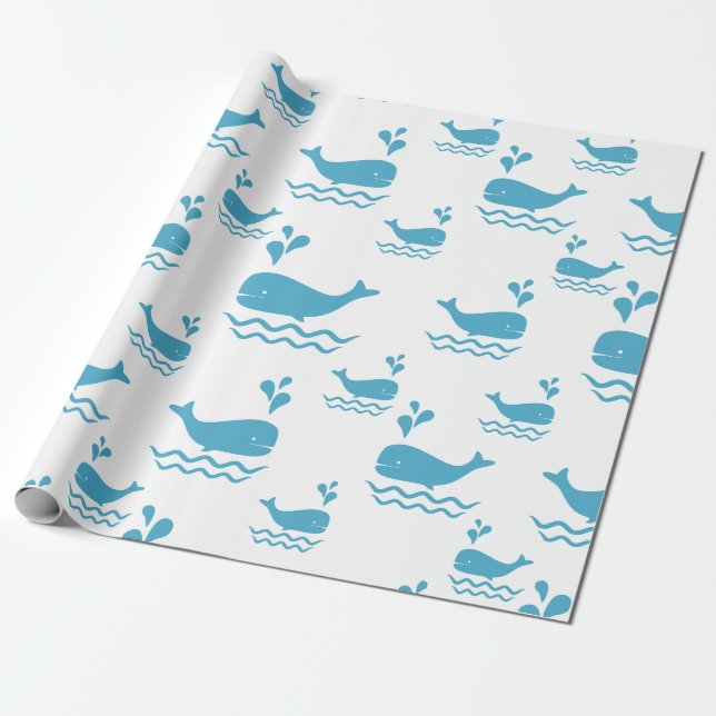 Cute Blue Whale Seamless Ocean Pattern (1) Wrapping Paper (Unrolled)