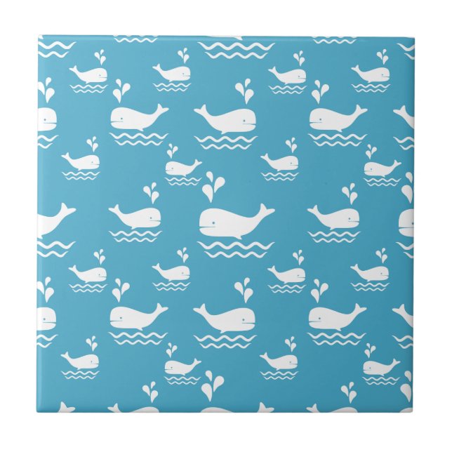 Cute Blue Whale Seamless Ocean Pattern (2) Ceramic Tile (Front)
