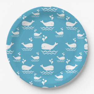 Cute Blue Whale Seamless Ocean Pattern (2) Paper Plate