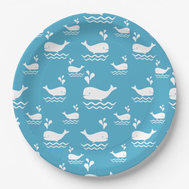 Cute Blue Whale Seamless Ocean Pattern (2) Paper Plate (Front)