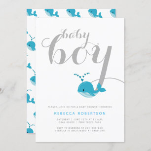 Cute blue whale typography baby boy shower invitation