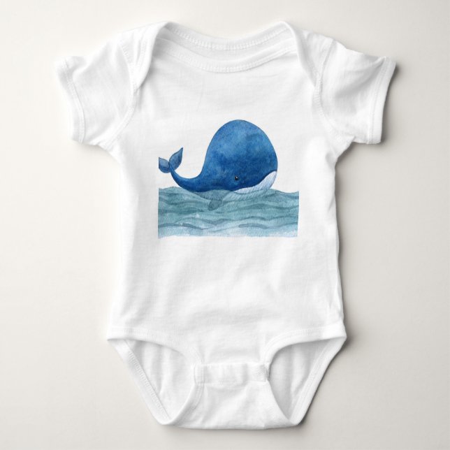 Cute Blue Whale Watercolor Illustration Baby Bodysuit (Front)