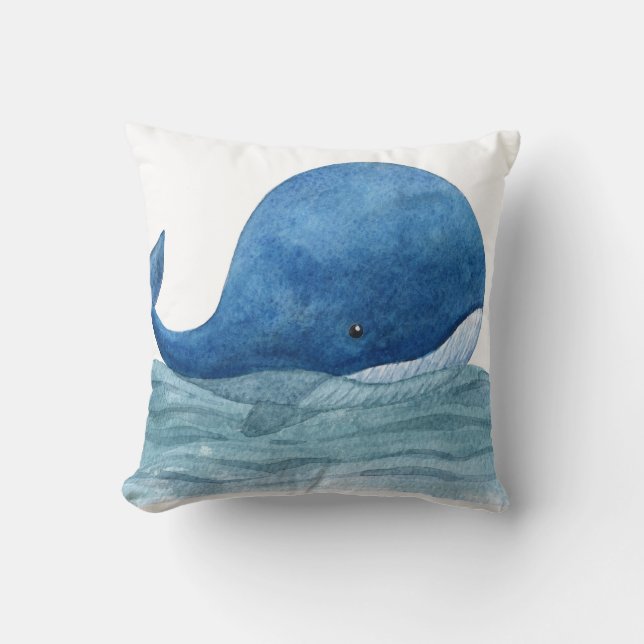 Cute Blue Whale Watercolor Illustration Cushion (Front)