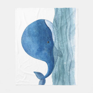 Cute Blue Whale Watercolor Illustration Fleece Blanket