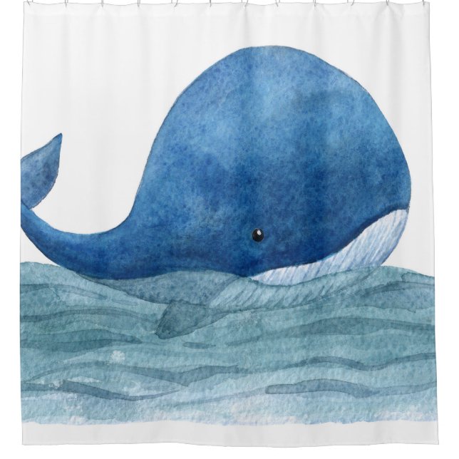 Cute Blue Whale Watercolor Illustration Shower Curtain (Front)