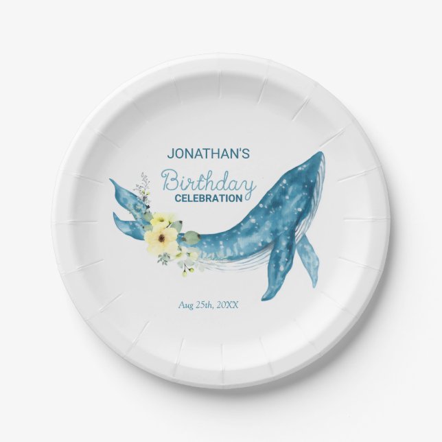 Cute Blue Whale Yellow Floral Birthday Party Paper Plate (Front)