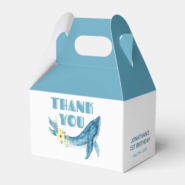 Cute Blue Whale Yellow Floral Birthday Thank You Favour Box (Front Side)