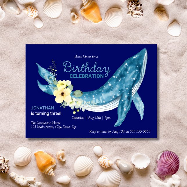Cute Blue Whale Yellow Floral Navy Birthday Party Invitation (Creator Uploaded)