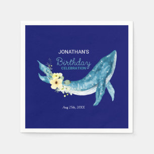 Cute Blue Whale Yellow Floral Navy Birthday Party Napkin