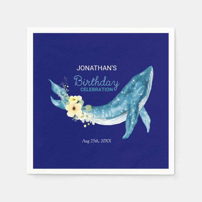 Cute Blue Whale Yellow Floral Navy Birthday Party Napkin (Front)