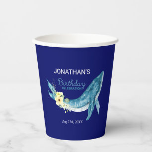 Cute Blue Whale Yellow Floral Navy Birthday Party Paper Cups