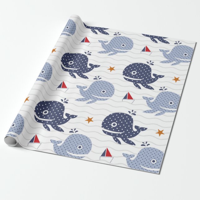 Cute blue whales and boats nautical pattern wrapping paper (Unrolled)