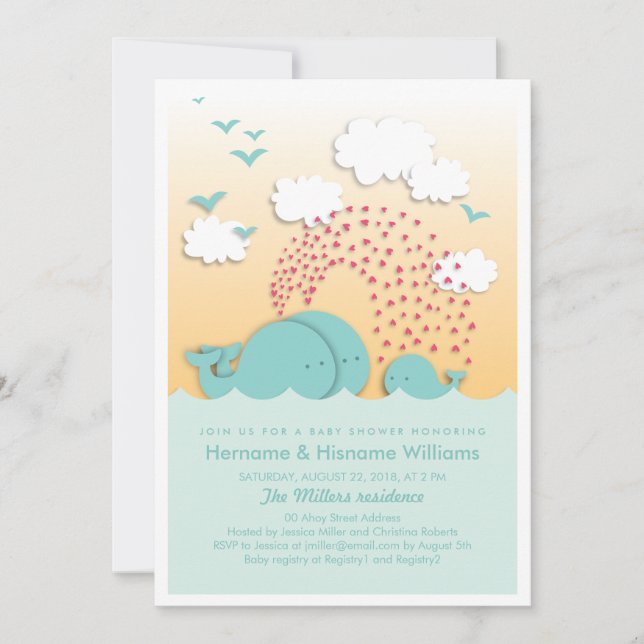 Cute Blue Whales Couples Baby Shower Invite (Front)