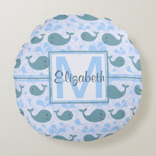 Cute Blue Whales Pattern Monogram Round Cushion