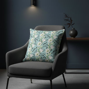 Cute Blue Whimsical Black and White Floral Patten Cushion