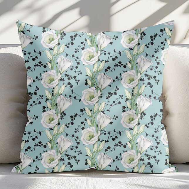 Cute Blue Whimsical Black and White Floral Patten Cushion (Creator Uploaded)