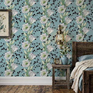 Cute Blue Whimsical Black and White Floral Patten Wallpaper