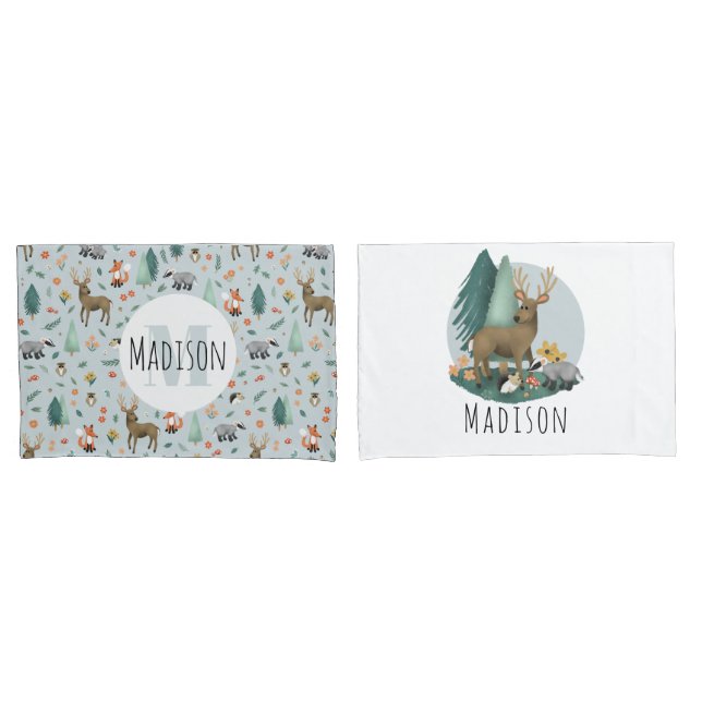Cute Blue Whimsical Woodland Forest Pattern Kids Pillowcase (Front-Set)