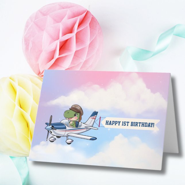 Cute Blue White Aeroplane & Dinosaur First Birthda Thank You Card (Creator Uploaded)
