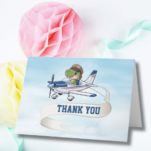 Cute Blue White Aeroplane & Dinosaur Kids Birthday Thank You Card