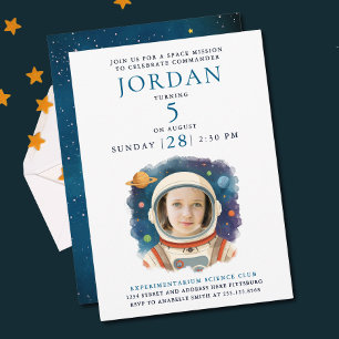 Cute Blue White Astronaut Cosmic Spaceship Photo Invitation